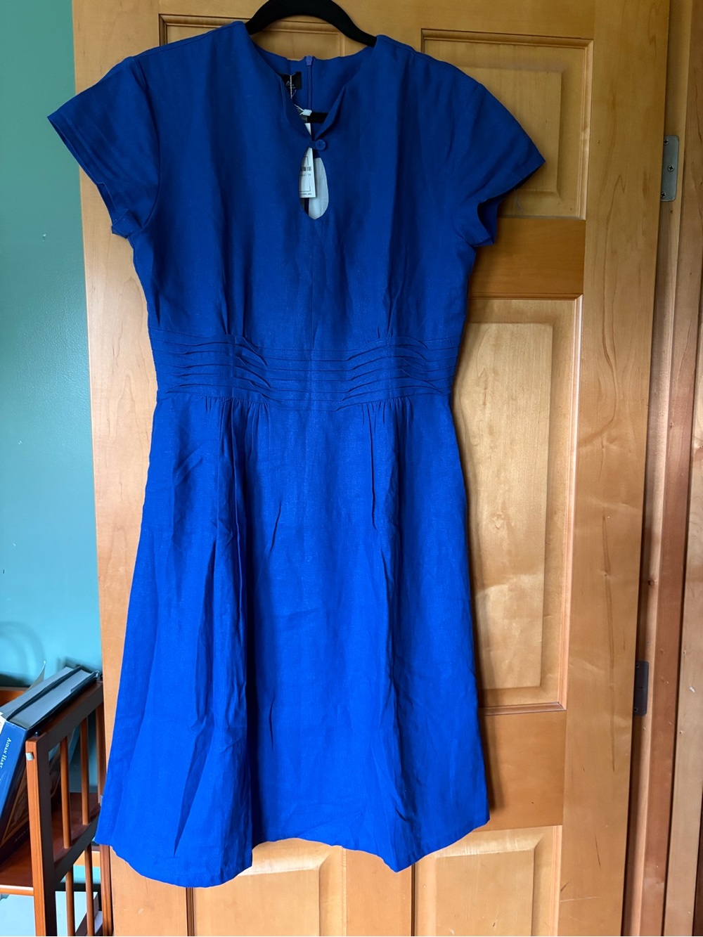 LINEN Cap-Sleeve Fit-and-Flare Midi Dress in Cobalt Blue